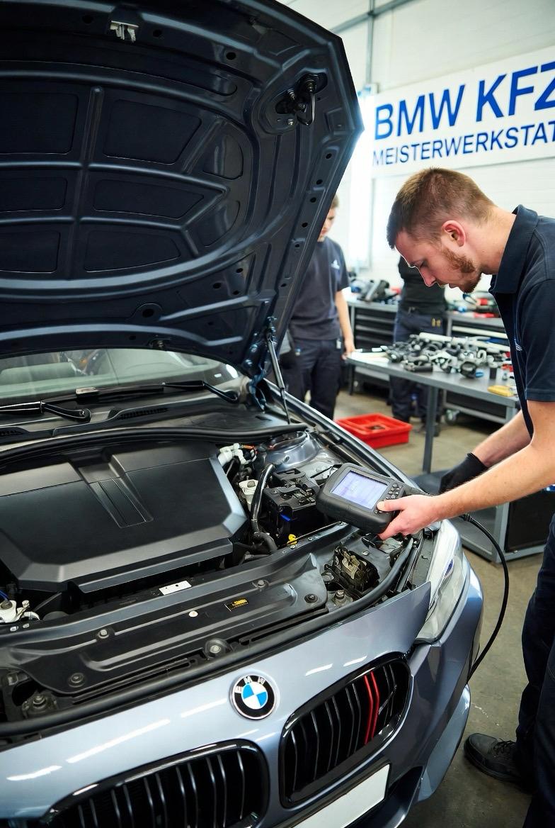 BMW Fahrzeugdiagnose im Innenraum mit Diagnosegerät und Fehlerauslese